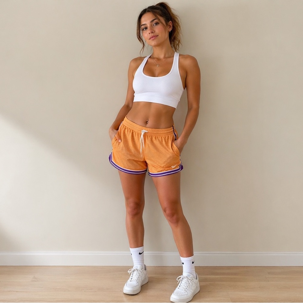 Nike Dri-FIT Orange Mesh Athletic Shorts L Purple Trim 7” Inseam